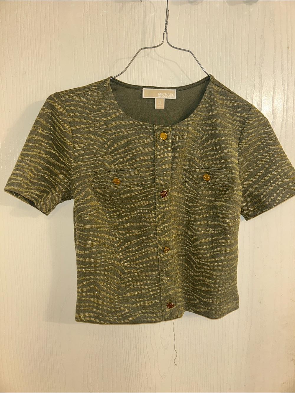 MICHAEL Michael Kors Olive and Gold Zebra-Pattern Short Sleeve Top